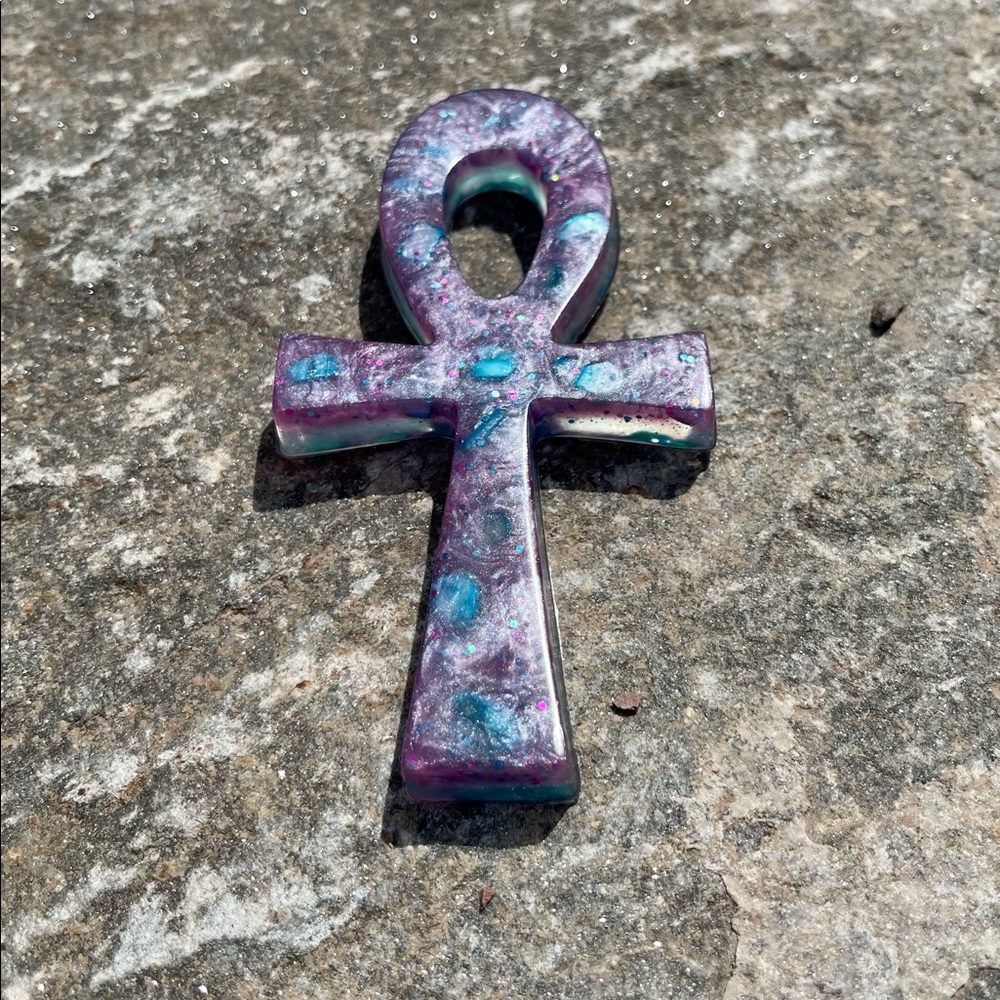 Purple Ankh glass art, Handmade Glass Art, Home Decor, Beach Crushed Shells